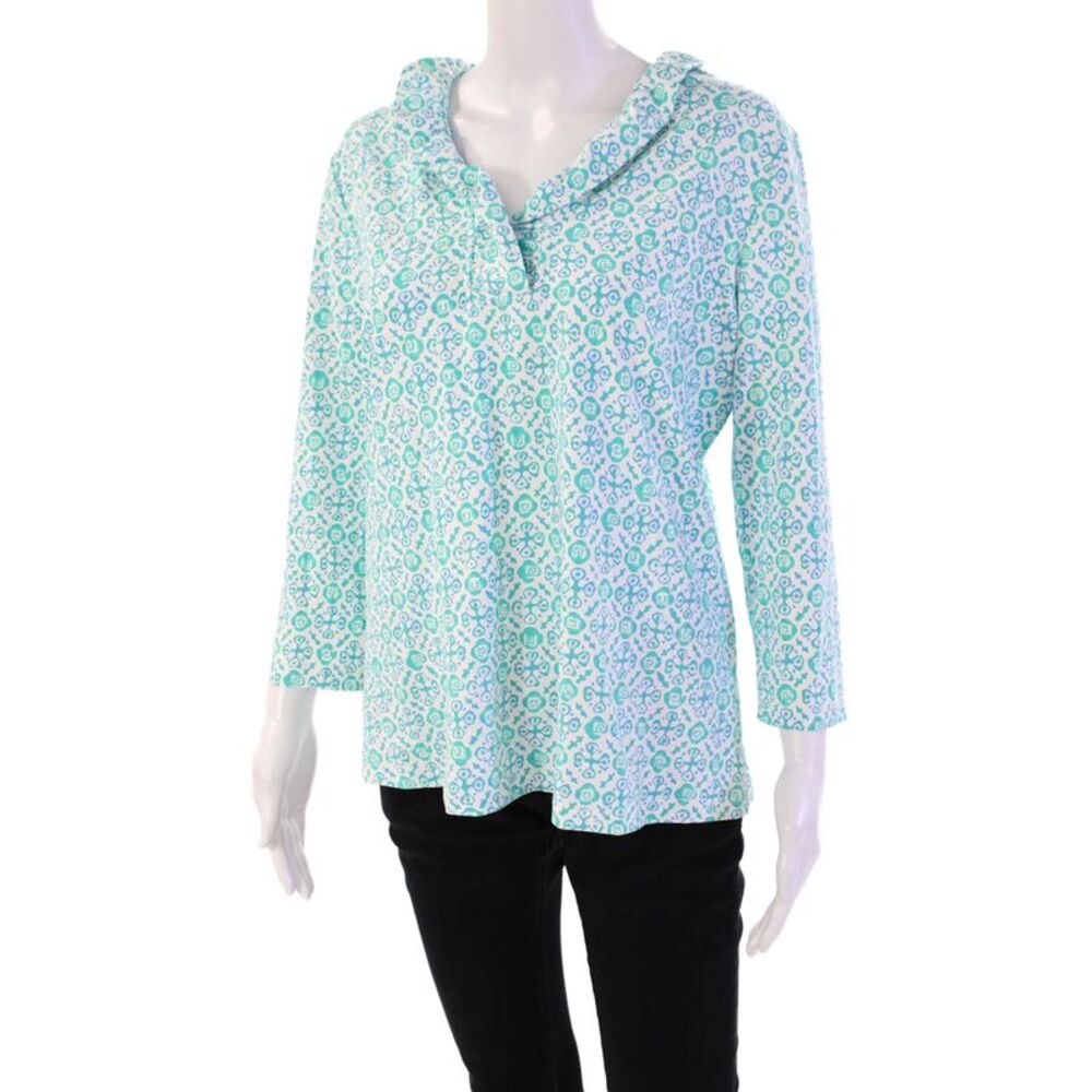 J. Mclaughlin Womens Abstract Print V-Neck Long Sleeve Blouse Top Blue Size XL - Picture 2 of 10